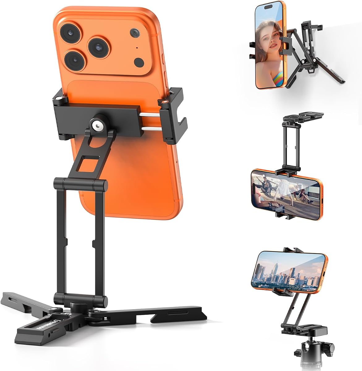 Soporte para trípode para teléfono con base Arca Uka, mini trípode plegable con 2 zapatas frías, agarre de mano compatible con iPhone17/16/15/Android, abrazadera de metal para teléfono para viajes de vlogging de escritorio