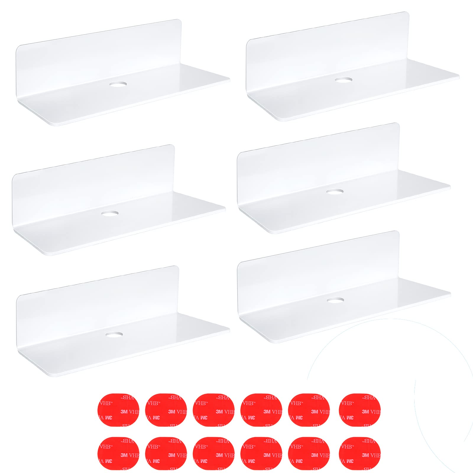 LOLYSIC 6Pcs Small Shelf, Acrylic Self Adhesive Shelves, 9 Inch White Stick On Shelves with Stick Pad, No Drill Wall Floating Shelves for Display Picture Craft Toy Ledge Monitor
