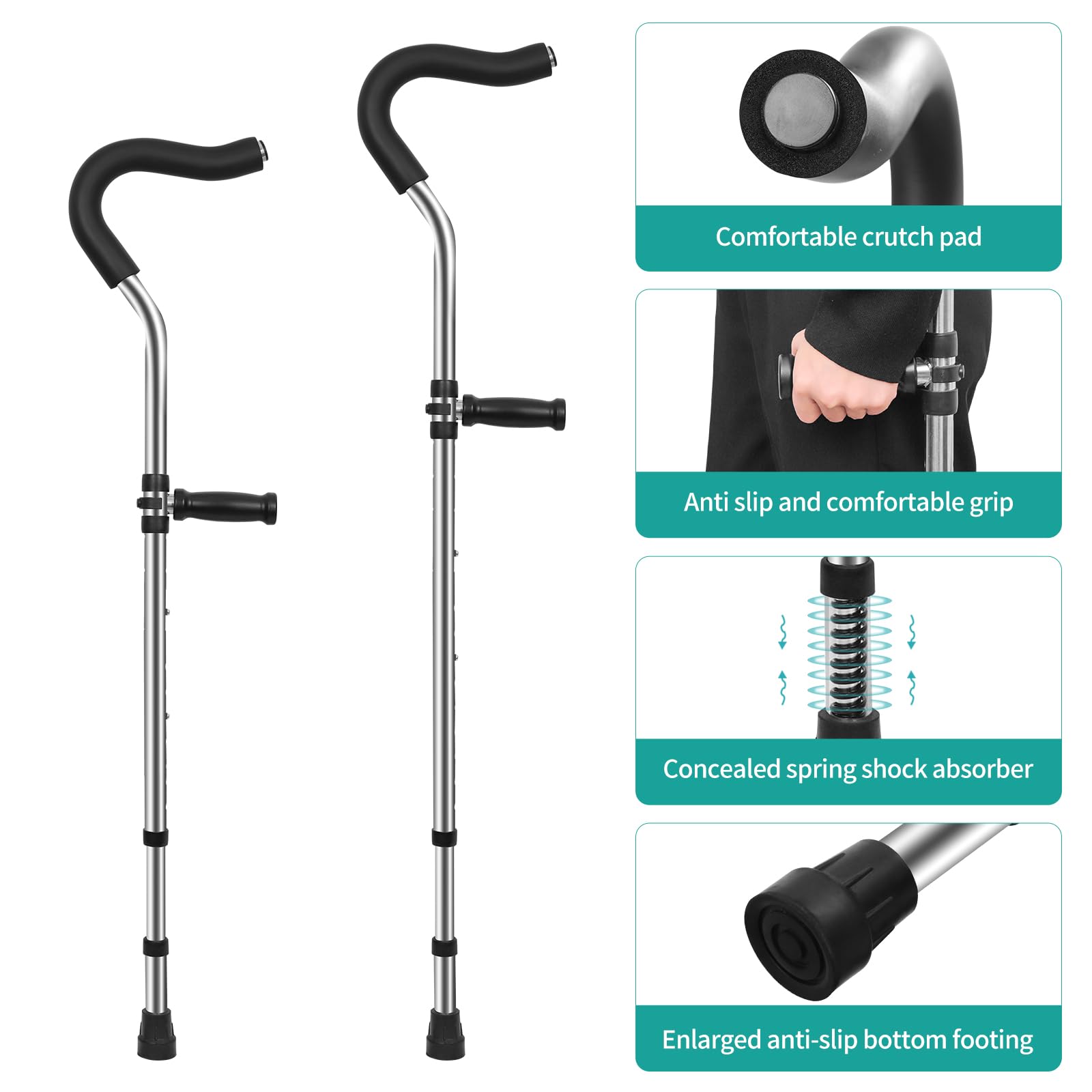 Muletas ergonómicas para axilas, portátiles con amortiguador de resorte, asas ajustables para caminar, soporta hasta 250 libras, diseño desmontable, 1 par