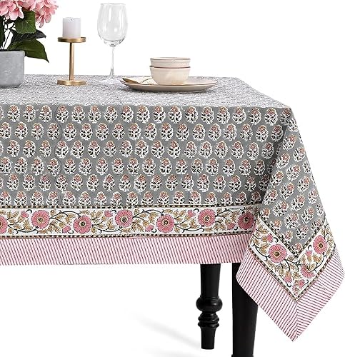 CPC Labra Grey Block Print 100% Cotton Rectangle Tablecloth 80x120 Inch