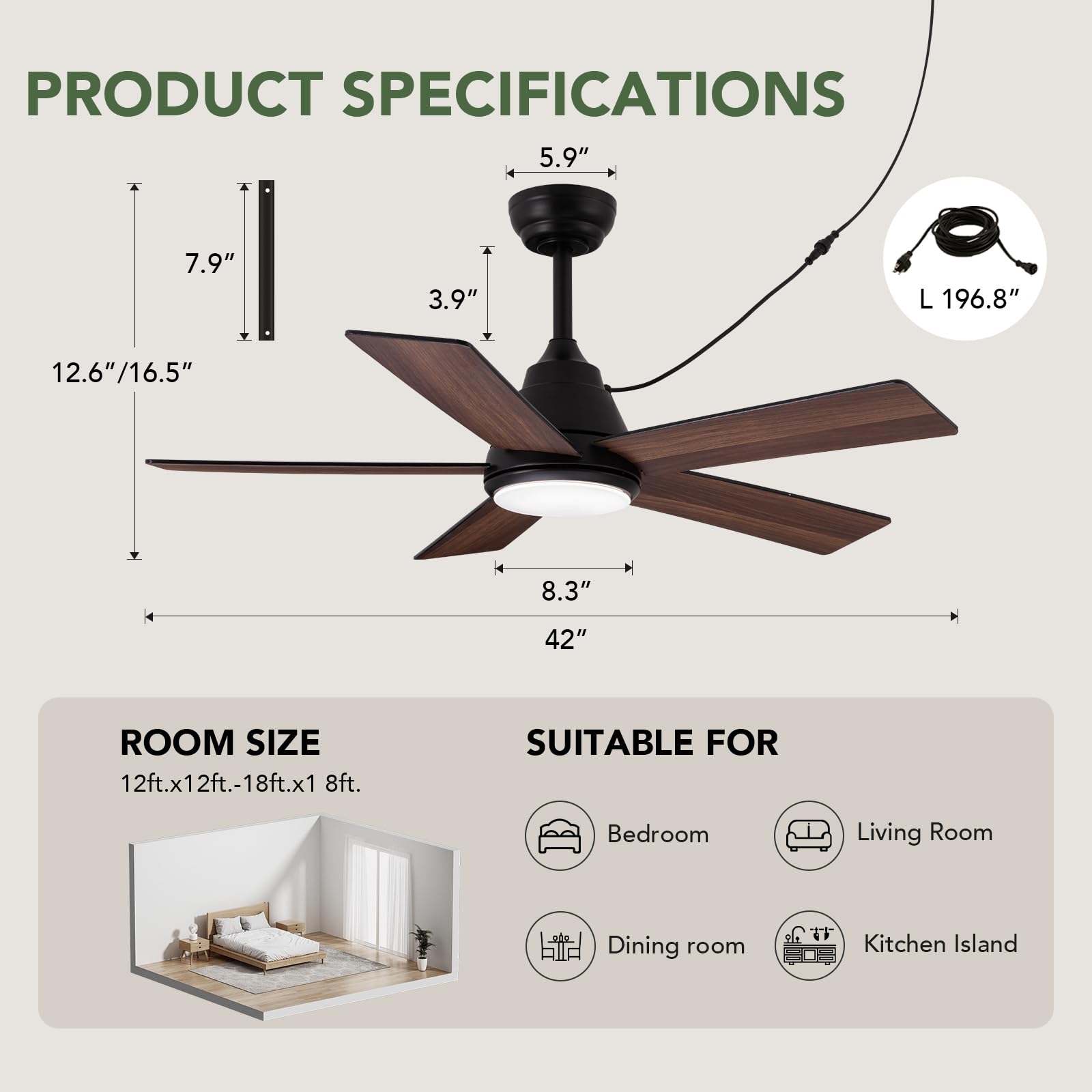 Ventilador de techo impermeable de 42 pulgadas con luz y control remoto para exteriores