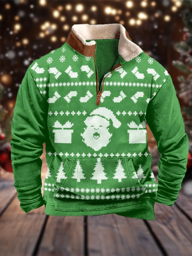 Men's Christmas Sweater Funny Ugly Christmas Sweatshirts 1/4 Zip Stand Collar Long Sleeve Fleece Pullover2