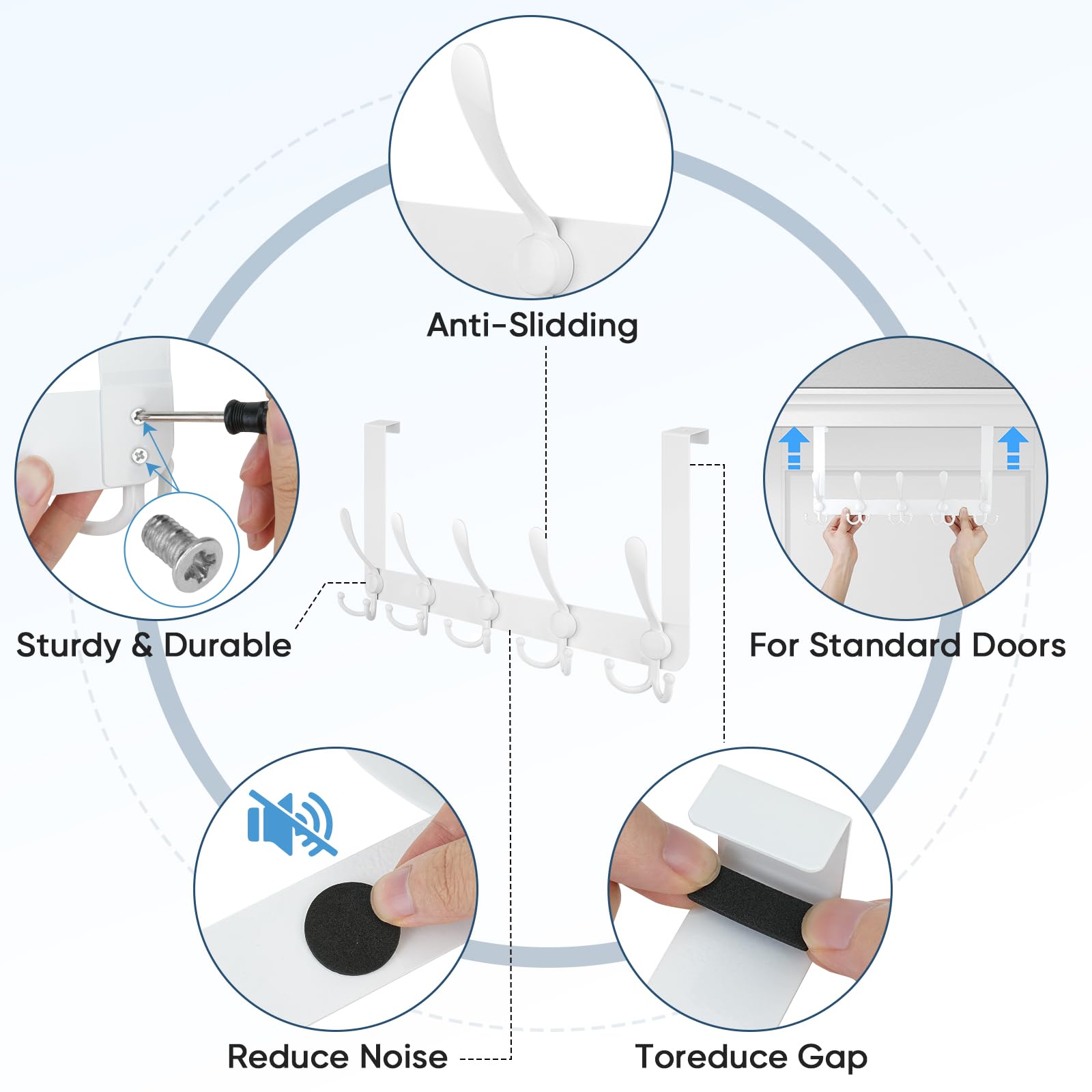 TICONN Ganchos para colgar sobre la puerta, 5 percheros resistentes de metal para chaquetas, sombreros, toallas, bolsas en el baño, dormitorio, dormitorio (blanco, 2 unidades)