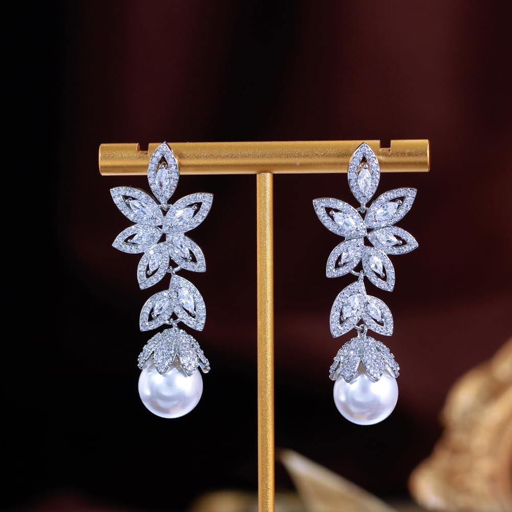 Cubic Zirconia Pearl Drop Earrings, Luxury Leaf Shape Long Dangle Wedding Earrings for Women, Clear Crystal Bridal Statement Jewelry - Image 6
