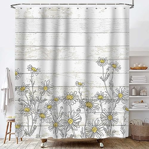 Lacoiime Daisy Shower Curtain, Retro Daisy Shower Curtains for Bathroom Rustic Farmhouse Floral Bathroom Decor Cute Cloth Bathroom Accessories