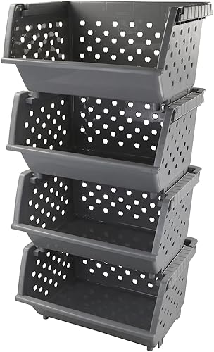 DynkoNA Paquete de 4 cestas de almacenamiento apilables de plástico, cesta organizadora apilable grande