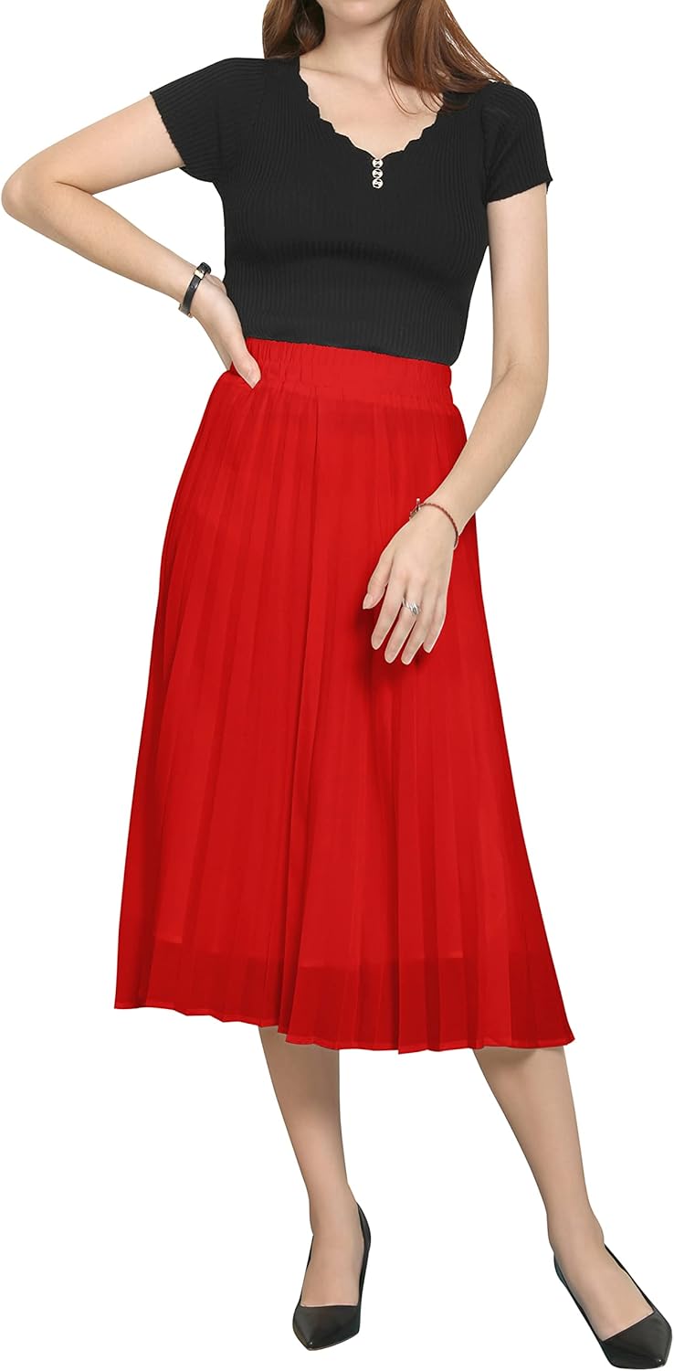 CHARTOU Womens Chic Elastic High Waisted A Line Leopard Print Pleated Shirring Midi-Long Skirt - Image 2