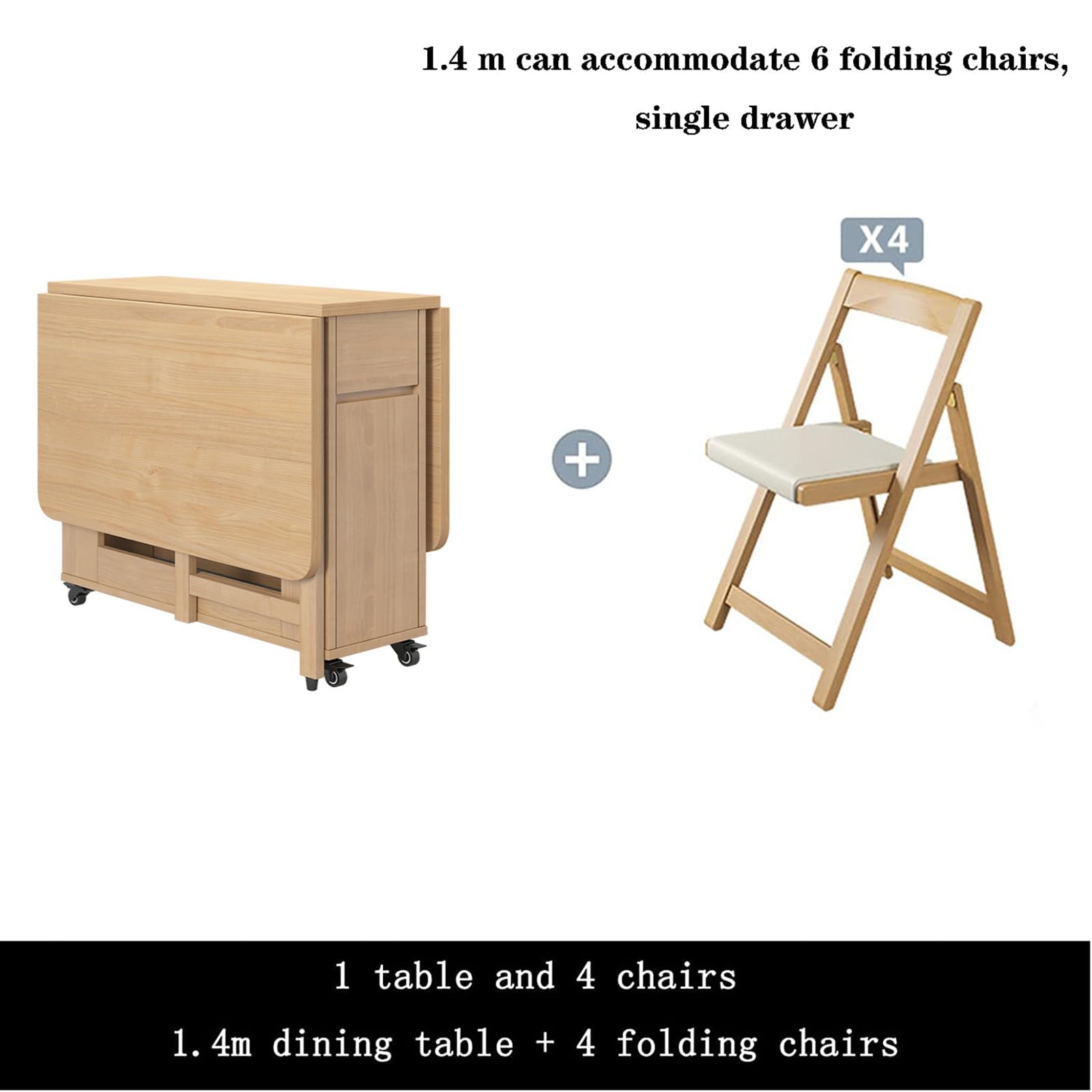 Juego De Comedor Plegable Con 4 Sillas - Mesa De Madera Maciza Extensible 1,4m, Color Beige, Ideal Para Cocina O Salón