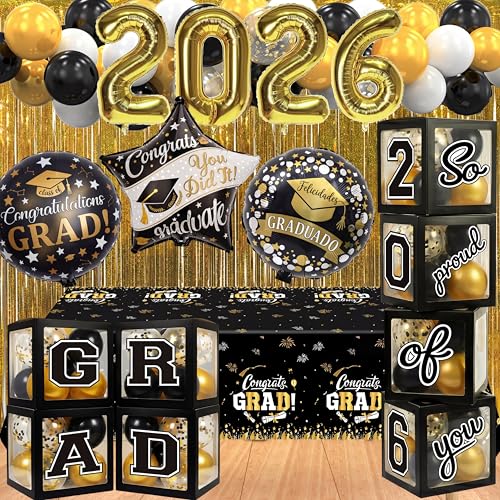 Image of Black and Gold Graduation Decorations Class of 2026 - Graduation Balloon Boxes, Balloon Arch Garland Kit, Fringe Curtains, Party Decorations 2026 for Any Grades