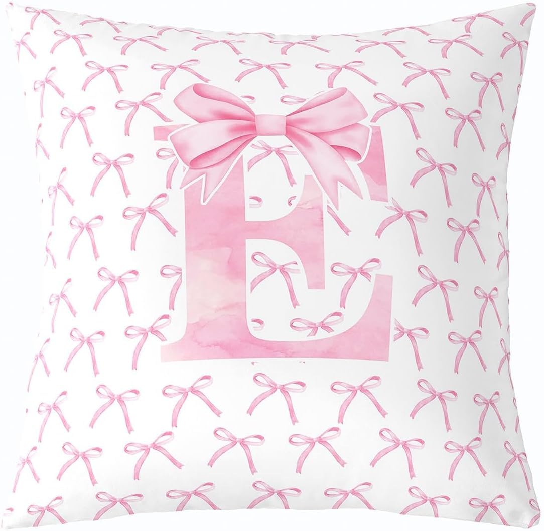 Cartoon Bowknot Kids Throw Pillow Cover,Pink Bow Tie Letter E Knot Princess Double Sides Pillow Case Girls Women,Watercolor Bow Patchwork Pink White Bed Couch Sofa Cushion Cover,Single Pack 24"x24"