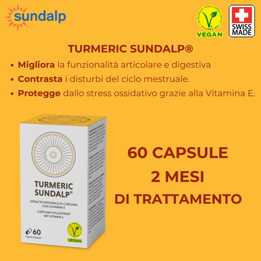 SUNDALP Turmeric | Integratore per Benessere Digestivo e Articolare | Integratore Alimentare con Estratto Integrale di Curcuma Longa e Vitamina E - 60 Capsule