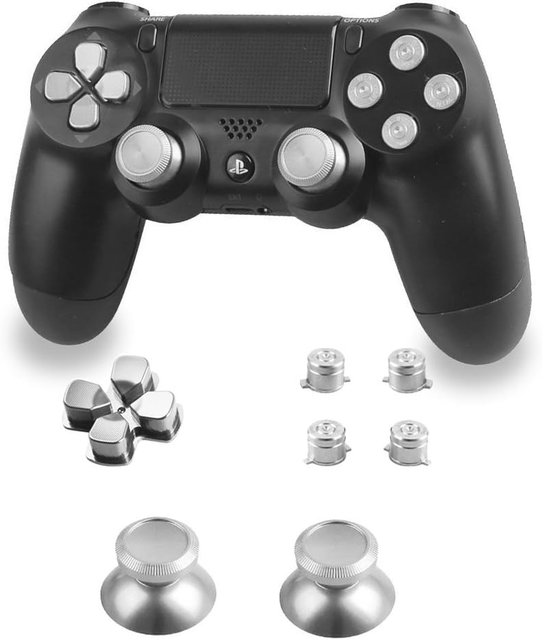 Aluminum Alloy PS4 Controller Replacement Thumbsticks Bullet ABXY Buttons and Directional Pad Mod Kit for Playstation 4 DualShock 4 (Silver)