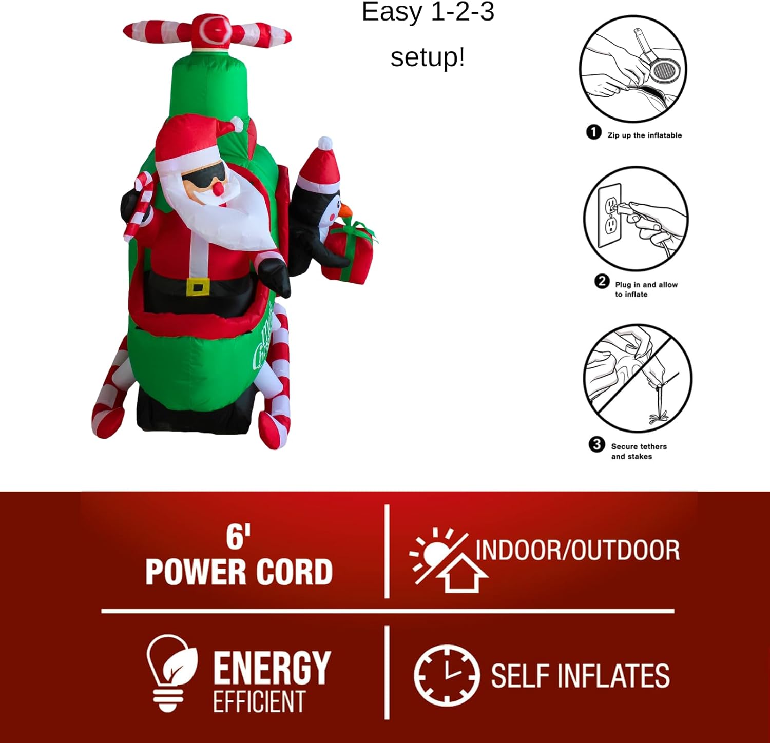 PTS 6.5FT Inflatable Helicopter with Santa Outdoor Decoration, Christmas Blow Up Yard Decorations, Built-in LED Lights Inflatables Xmas Holiday Funny Decor for Indoor Lawn Garden