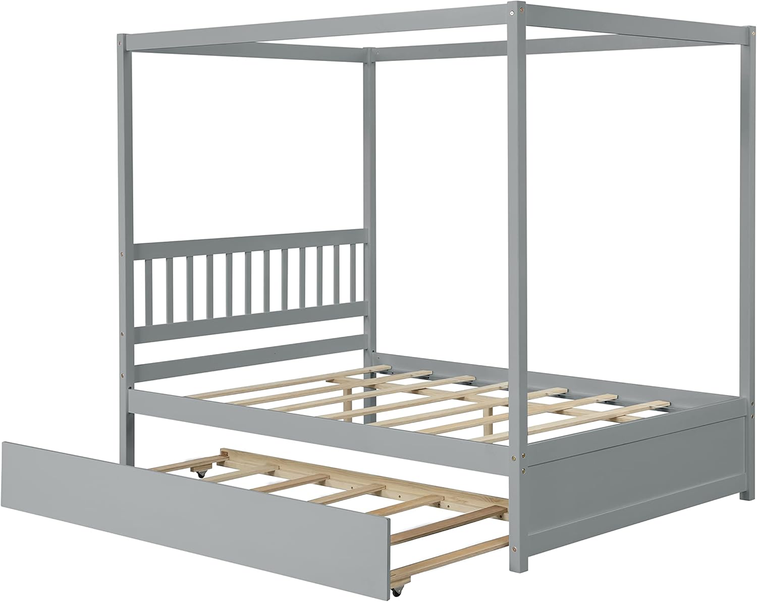 HAUSHECK Full Size Canopy Bed Frame with Trundle, Four-Poster Canopy Platform Bed Frame with Headboard for Kids, Teen, Adults, Sturdy Wooden Slatted Structure, No Box Spring Needed, Easy Assembly