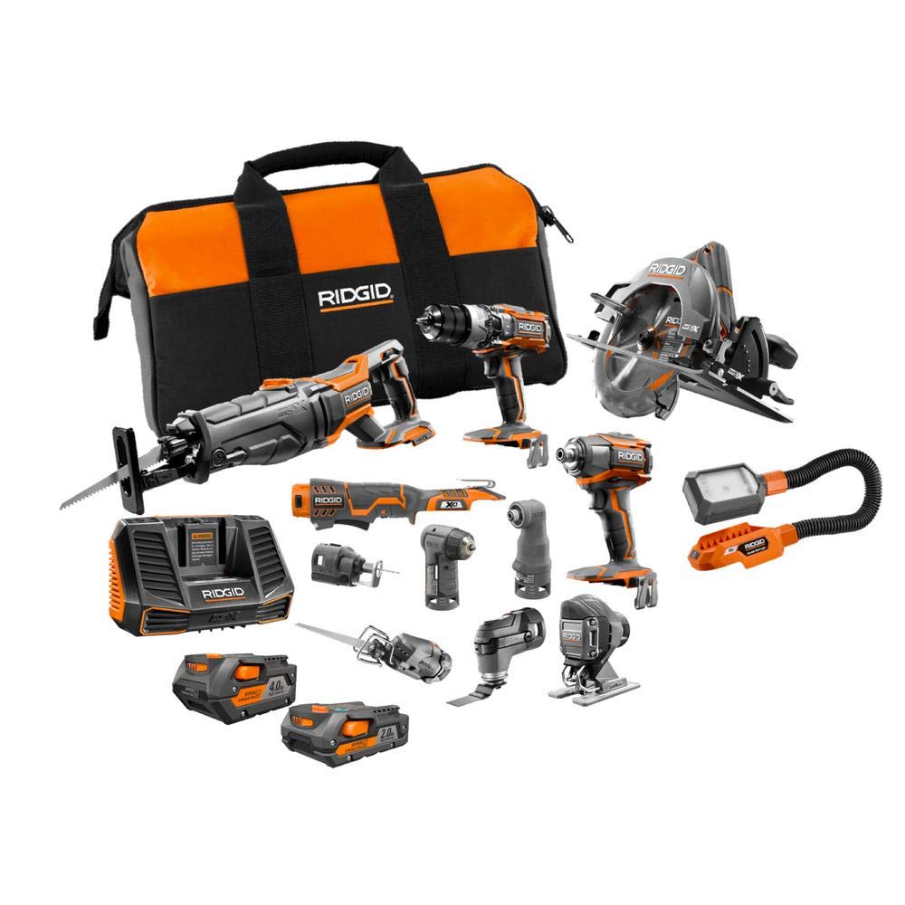 RIDGID 18-Volt Lithium-Ion Cordless (12-Piece) Combo Kit with (1) 4.0Ah Battery and (1) 2.0Ah Battery, Charger and Bag