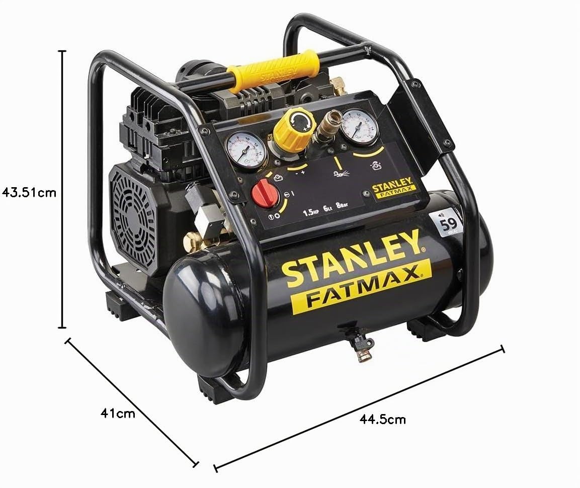 Stanley Fatmax Compresor, 6 litros, 8 bar, silencioso sin aceite, modelo horizontal, 1,5 cv, 160 l/min caudal de aire, portátil, negro amarillo, apto para inflado y herramientas neumáticas ligeras