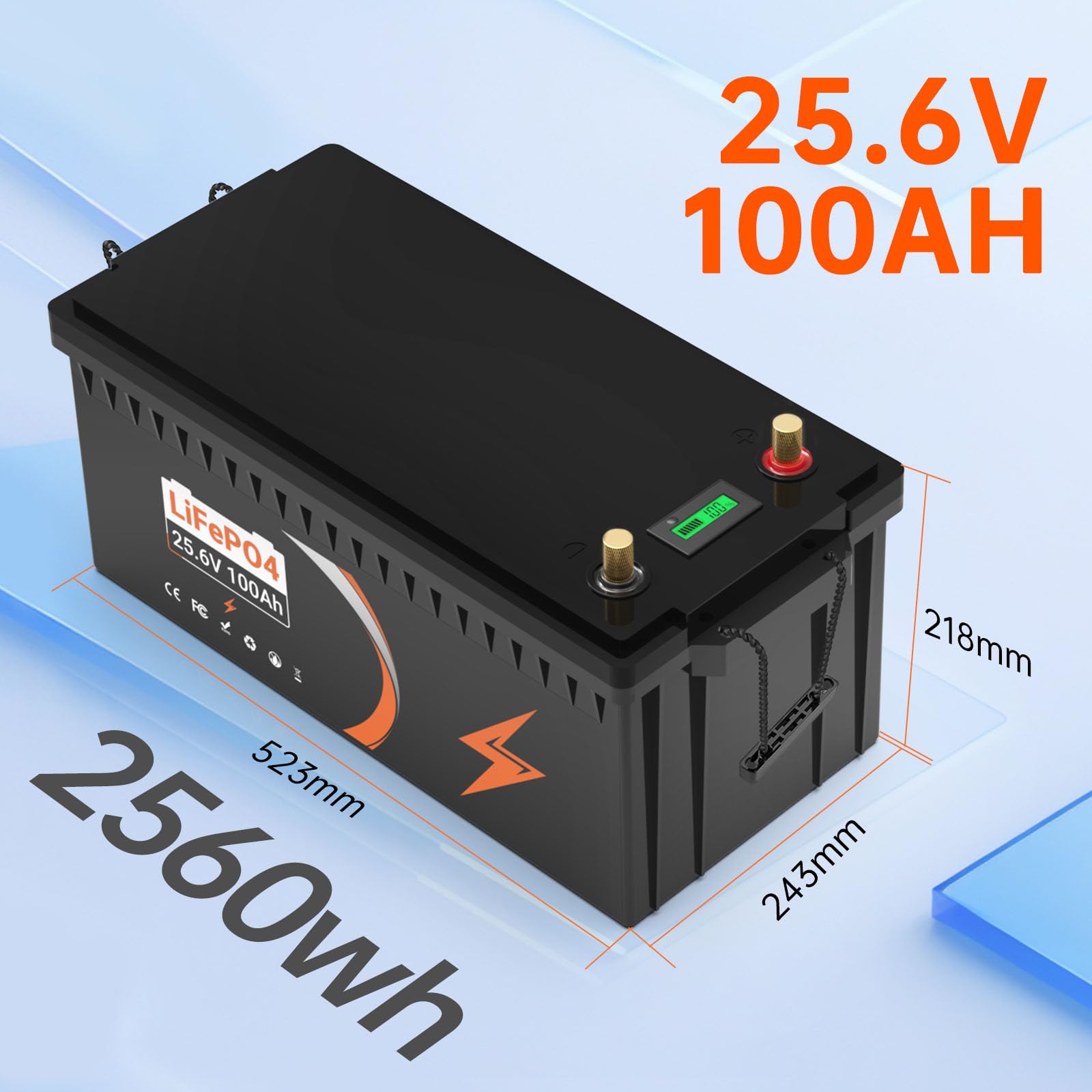 Lifepo4 batteria 24V 100AH 2560Wh, batteria al litio ferro fosfato, 5000 cicli di vita, built-in BMS, batteria al litio per sistema solare, UPS Per camperistiche solari marine di trasporto terrestre