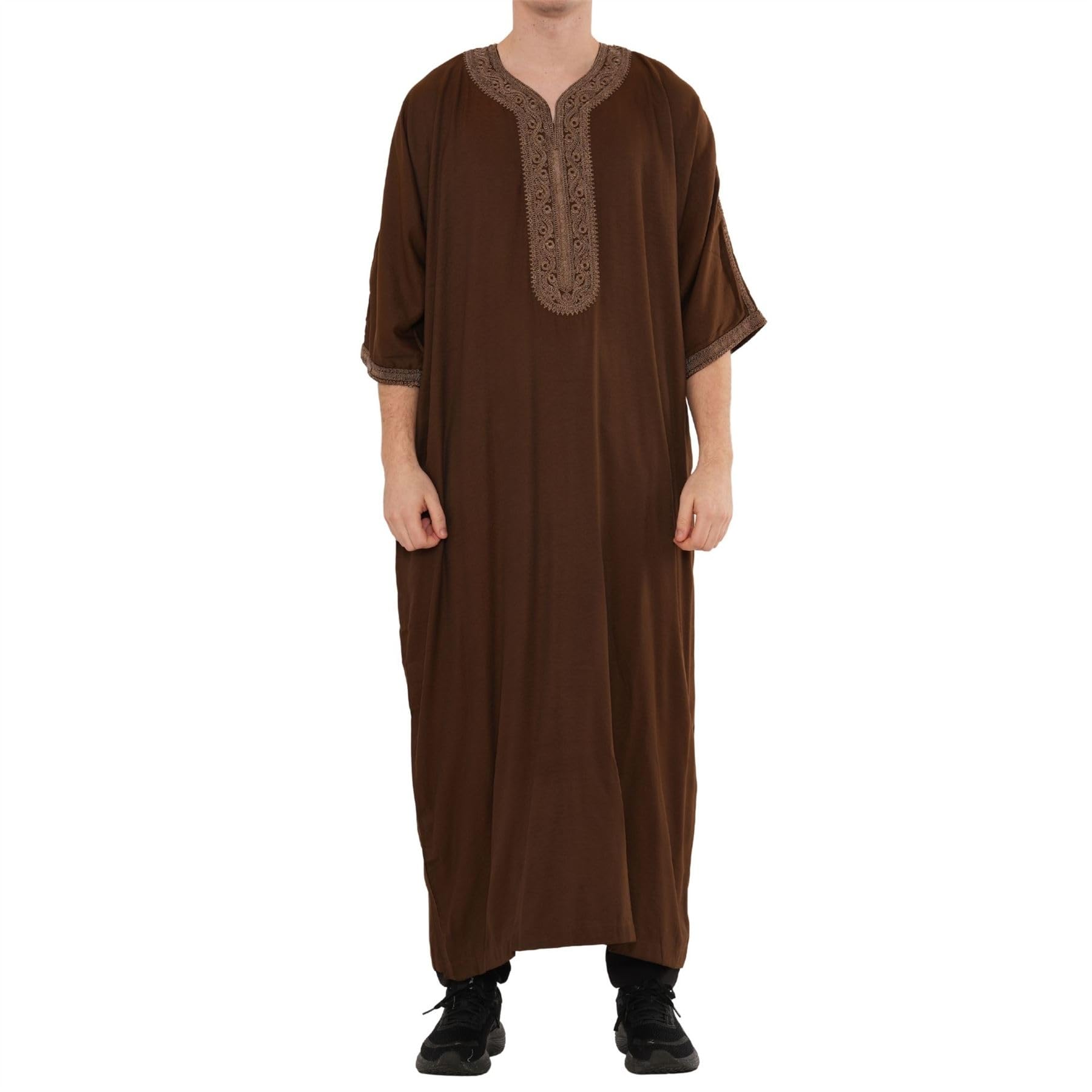 Men's Moroccan Thobe Half Sleeve Gandoura Embroidery Kaftan Eid Ramadan - Brown 54