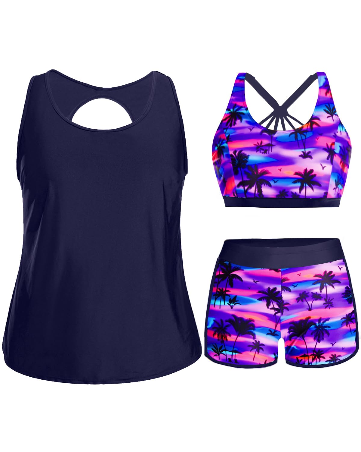 Holipick Women Plus Size Swimsuits - Athletic 3 Piece Tankini with Shorts