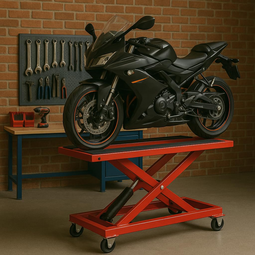 Elevador de Motos 450 kg – Plataforma Hidráulica 11 a 40 cm – Soporte Moto Taller con Sistema de Bloqueo – Base Antideslizante para Reparación y Mantenimiento