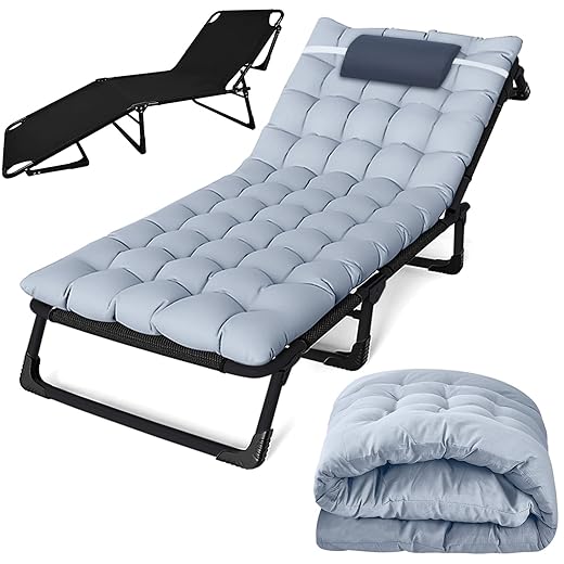 4 Position Reclining Chaise Lounge Chair with Mattress and Pillow for Outside, Folding Camping Cot for Adults, Portable Foldable Sleeping Bed Lounger Outdoor for Patio Yard Lawn Beach Pool Sun Tanning