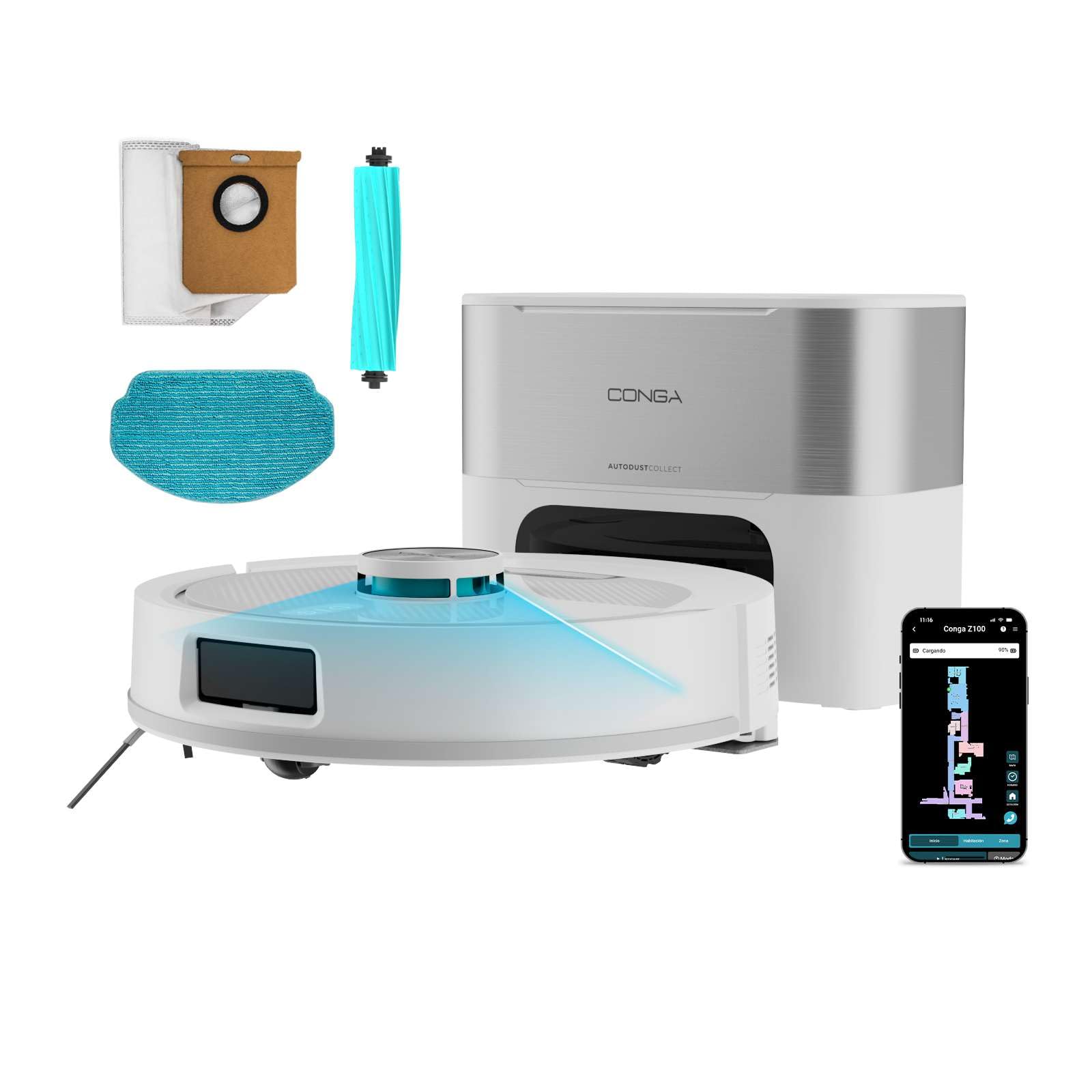 Cecotec Robot Aspirateur - Base Auto Vidange 3L - IA - 2500Pa - Conga Y90 Pearl. Autonomie 240min en Mode Éco, Brosse Silicone, Idéal Maisons avec Animaux, Bluetooth et WiFi, 2 Serpillières