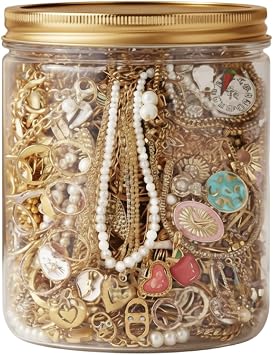 Gold Mystery Jewelry Jar, Mystery Jewelry Jar Vintage Assorted Vintage & Modern Styles Necklaces, Earrings, Rings Accessory