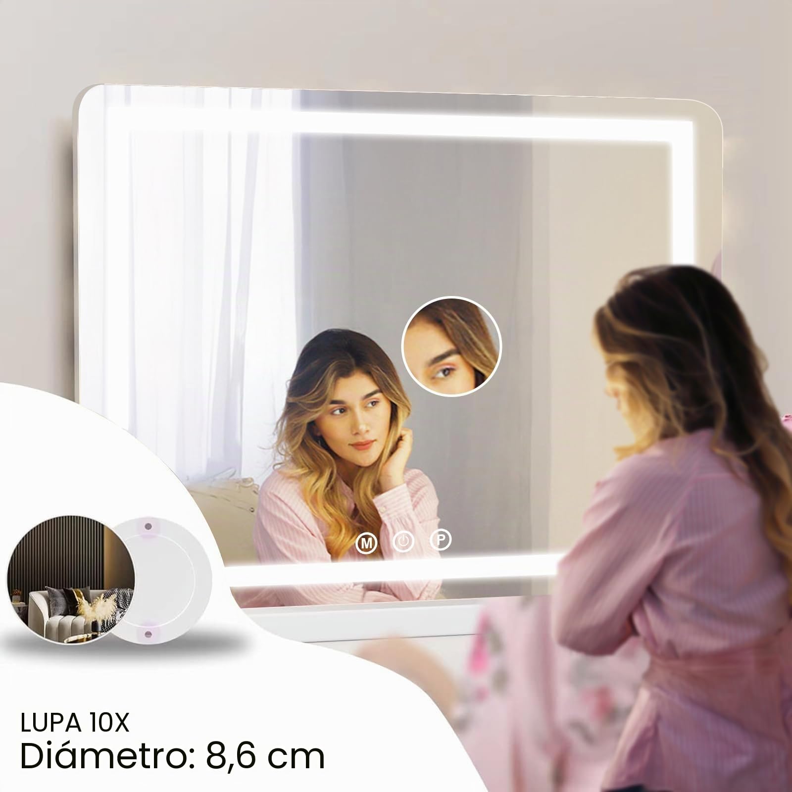 Espejo de Maquillaje con iluminación, Espejo de Hollywood con luz LED, Regulable, Espejo cosmético, 3 Modos, 50 x 40 cm, Espejo de Mesa con USB 10 aumentos, para Dormitorio y tocador