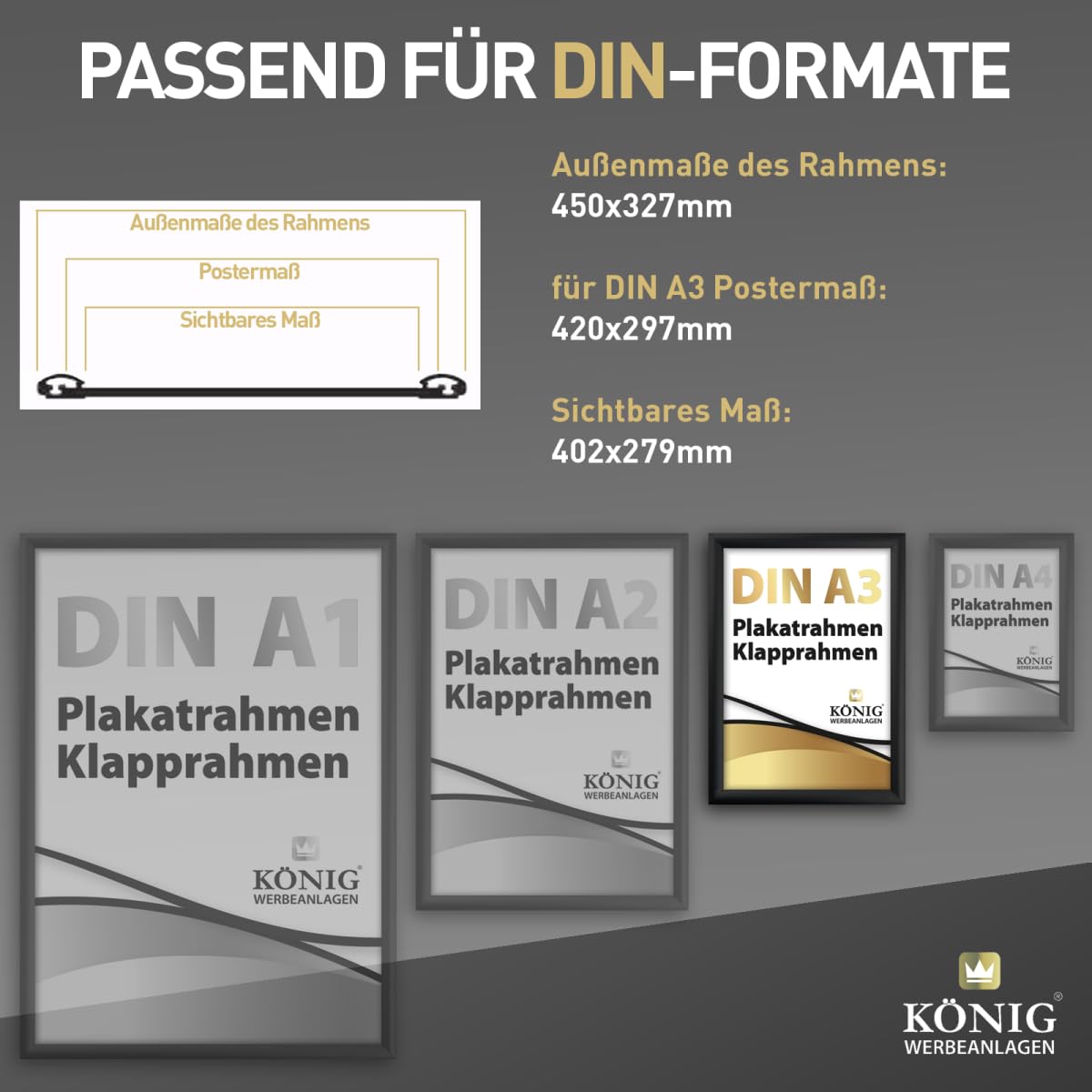 Dreifke 5 Plakatrahmen DIN A3 | 25mm Aluminium Profil, schwarz | inkl. entspiegelter Schutzscheibe | Alu Klapprahmen Wechselrahmen Posterrahmen | 5er Sparpack