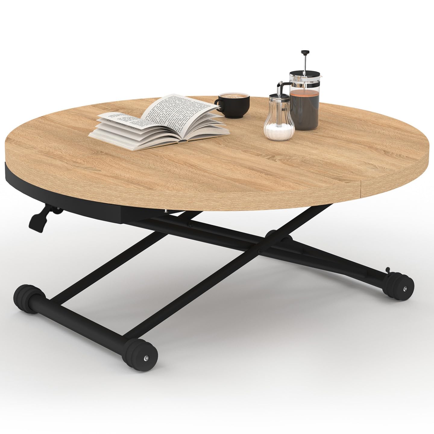 IDMarket - Mesa de centro extensible abatible convertible en mesa de comedor redonda ALTURA 100-150 cm de madera y diseño industrial negro