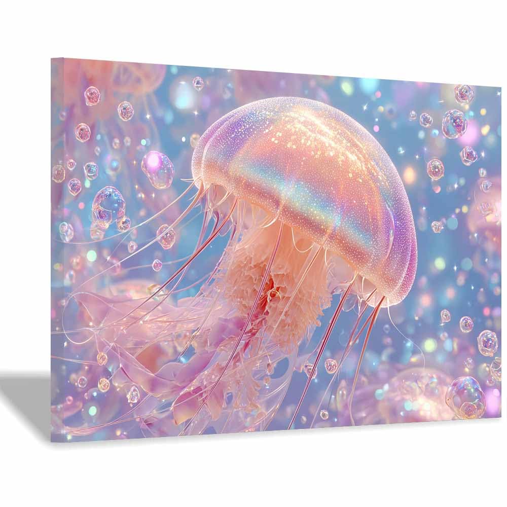 HUYEEI marine animals Canvas Wall Art Jellyfishs Canvas Prints Posters Modern Artwork for Livings Room Bedroom Bathroom Home Office(pink)-60x90cm Framed