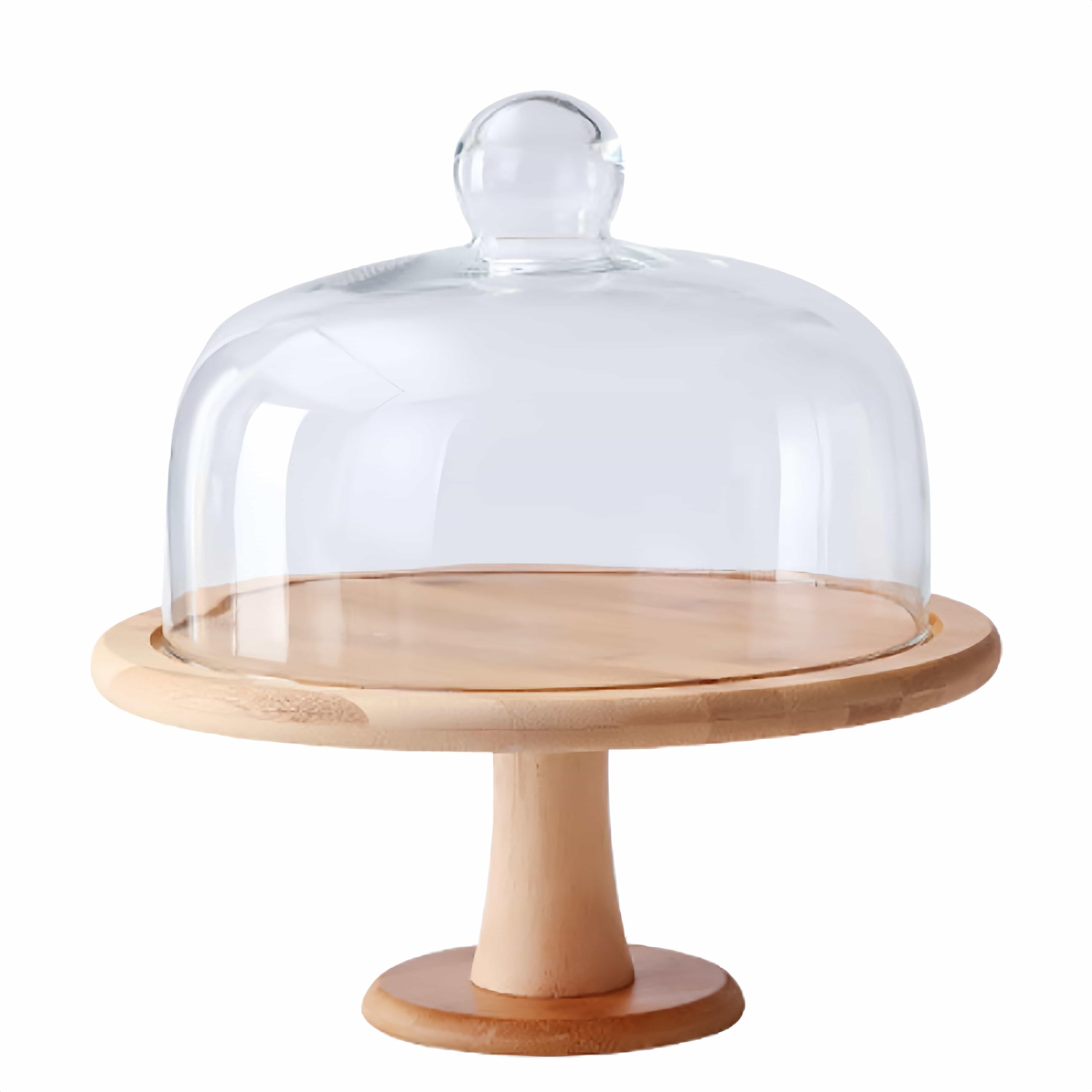 Eidoct Cake Stand with Dome Lid, Wood Cake Plate with Clear Glass cover, Cake tray for Cakes, Pastries, Cheese Boards - Flat Cake Display Stand for Birthday, Wedding, Party, Café (Footed)