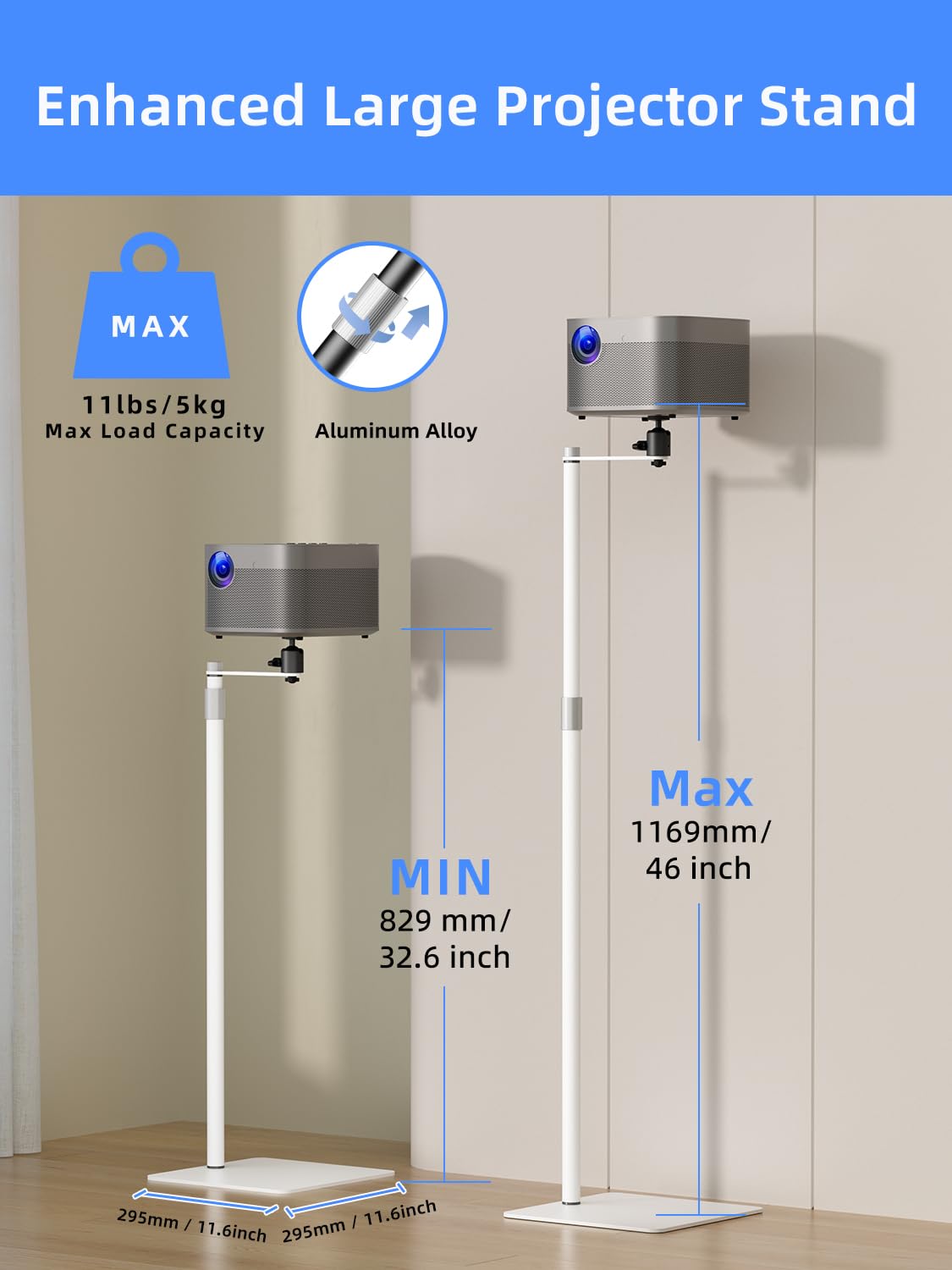 suptek Supporto da pavimento per proiettore video discreto dietro il divano, altezza regolabile da 8cm-12cm con rotazione di 360 gradi,Supporta Fino a 5 kg,Compatibile con proiettori,fotocamere,Bianco