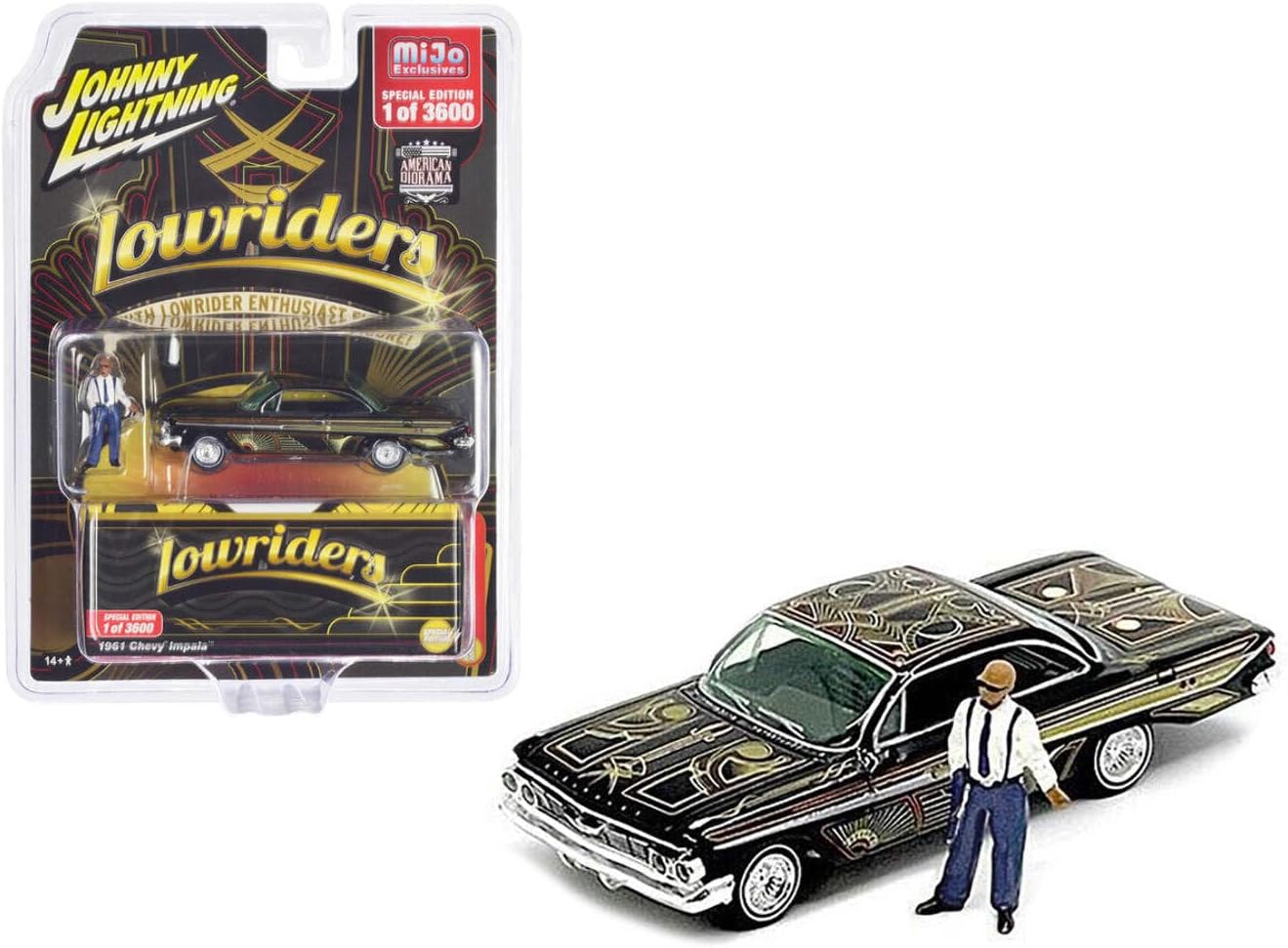 1961 Chevy Impala Lowrider Black with Graphics and Diecast Figure Limited Edition to 3600 Pieces Worldwide 1/64 Diecast Model Car by Johnny Lightning JLCP7456