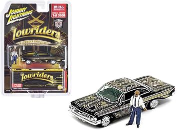 1961 Chevy Impala Lowrider Black with Graphics and Diecast Figure Limited Edition to 3600 Pieces Worldwide 1/64 Diecast Model Car by Johnny Lightning JLCP7456