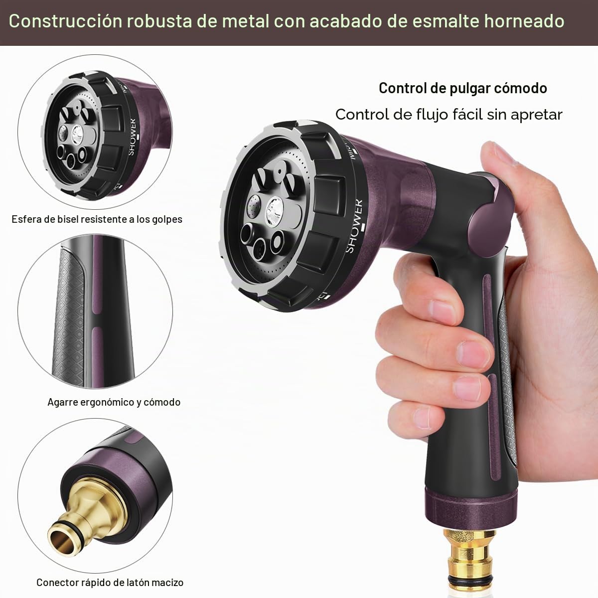 FANHAO Pistola Manguera Jardin 100% de Metal, Pistola Riego con 8 patrones de rociado,boquilla pulverizadora de alta presión con control con el pulgar y válvula de cierre para regar césped-Bronce
