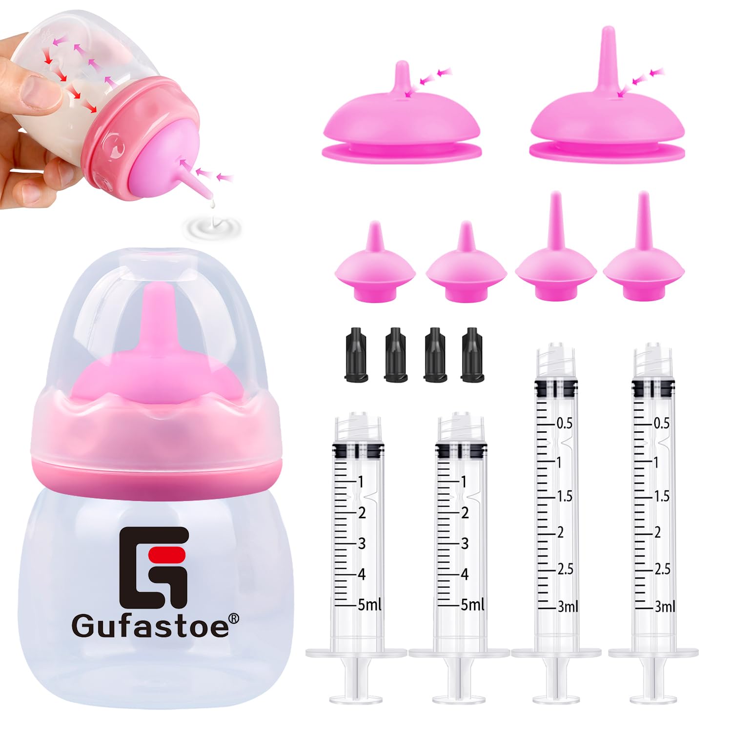 Gufastoe Kitten Bottle, Puppy Bottles for Nursing Kit, with Pet Feeding Nipple and Syringes for All Breeds of Puppies, Kittens and Other Animals, Pack of 15, Pink