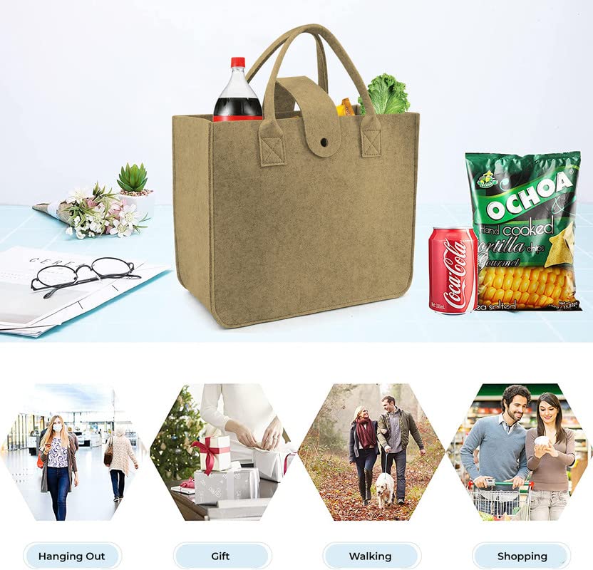 Image of Felt Fabric Reusable Shopping Bag with Handle & Button Closure for Grocery, School, Beach, Travel, Study, Gym, Gifts | Size - 30x34.5x17.8cm