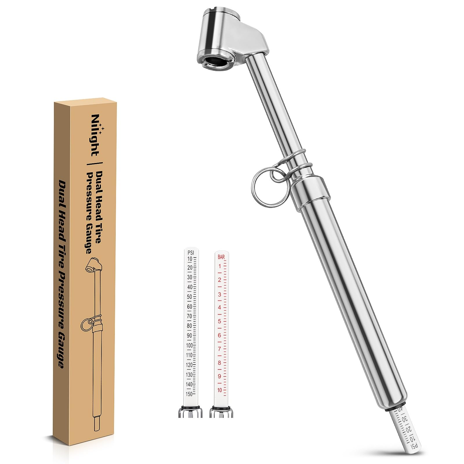 Nilight Dual Head Tire Pressure Gauge 10-150PSI Heavy Duty Straight-On