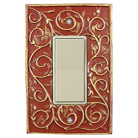 Meriville French Scroll 1 Rocker Wallplate, Single Switch Electrical Cover Plate, Parisian Red with Gold Cover