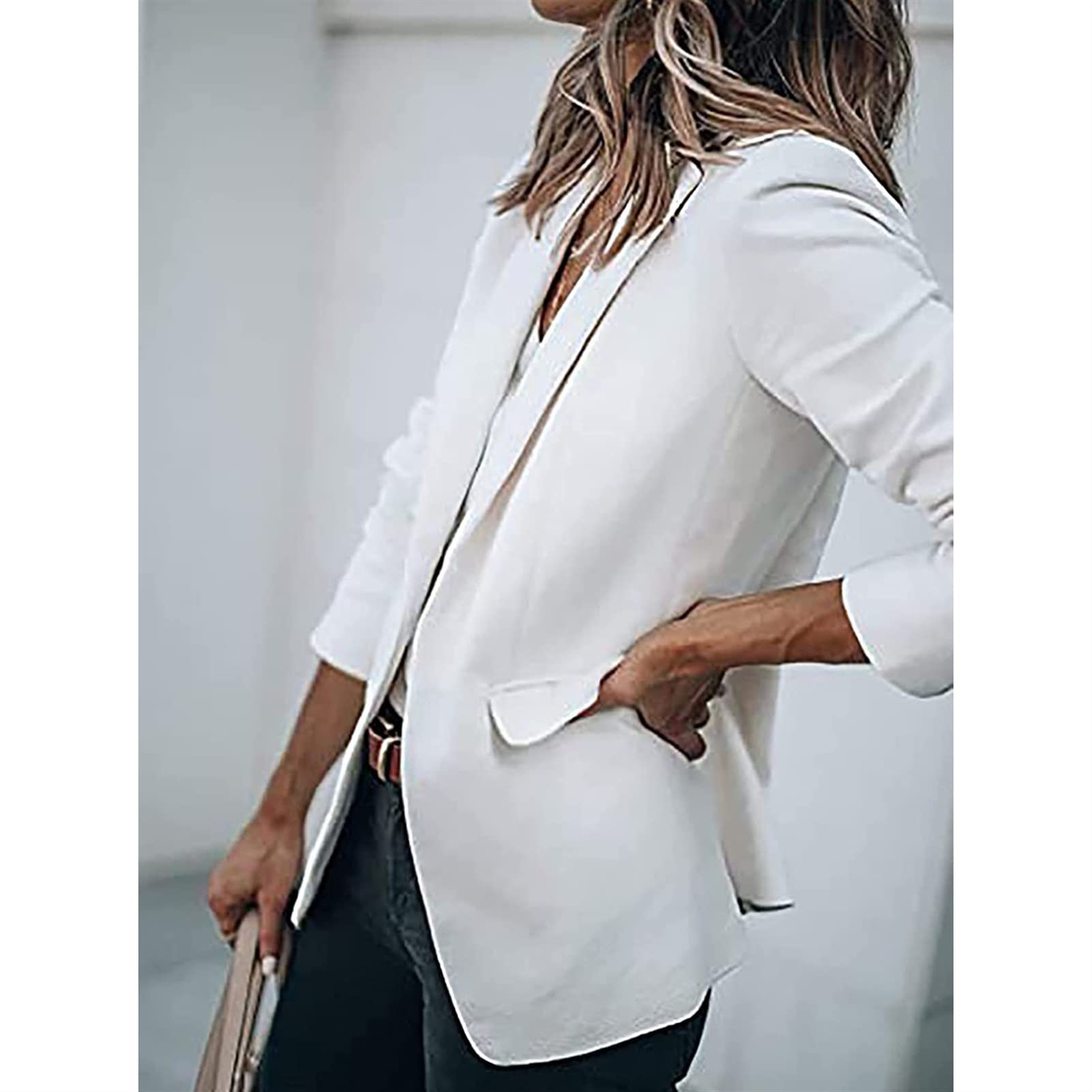 Blazer de Manga Corta con Cuello en V para Mujer, Chaqueta Elegante de Verano con un botón, Chaqueta Americana Larga, Chaqueta Ajustada para Mujer para Negocios y Ocio