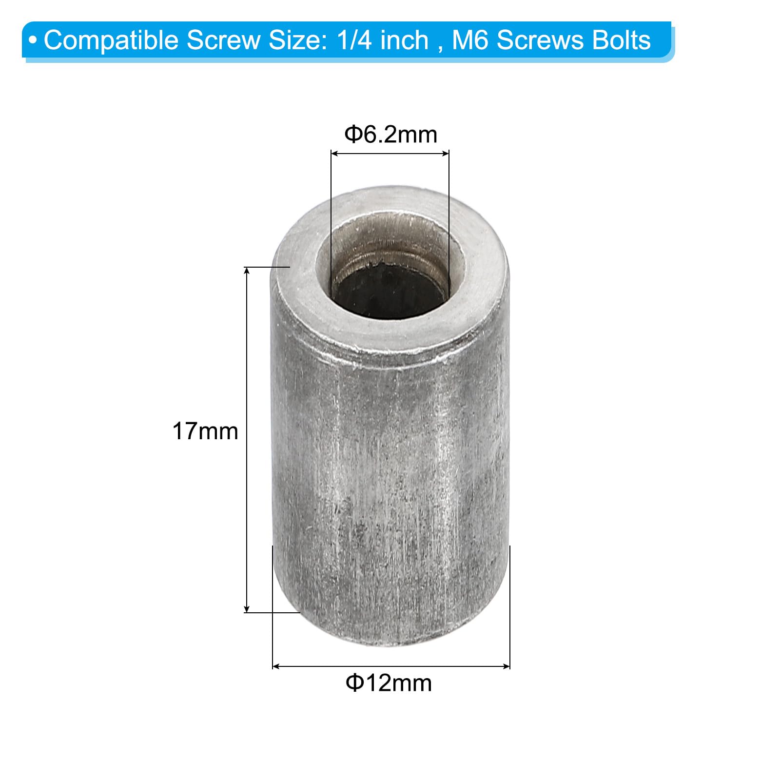 PATIKIL M6 Steel Spacers, 12 Pcs Metal Spacers Steel 6.2mm ID x 12mm OD x 17mm L Carbon Steel Spacer Screw Standoff Round for 1/4in or M6 Screw Bolts - Image 2
