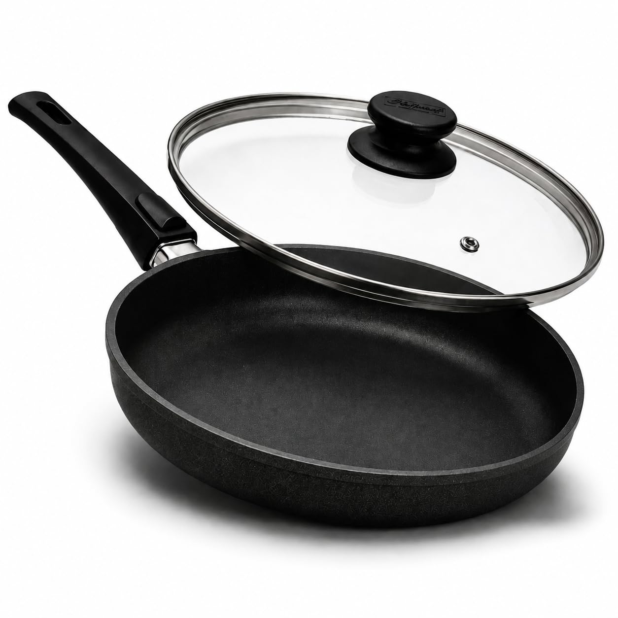Hoffmann STONIQ Bratpfanne PFAS-frei 28 cm Induktionspfanne Aluminium Handguss Made in Germany | Antihaftbeschichtung mineralisch | abnehmbarer Stiel | backofengeeignet (Mit Glasdeckel, 28 cm)