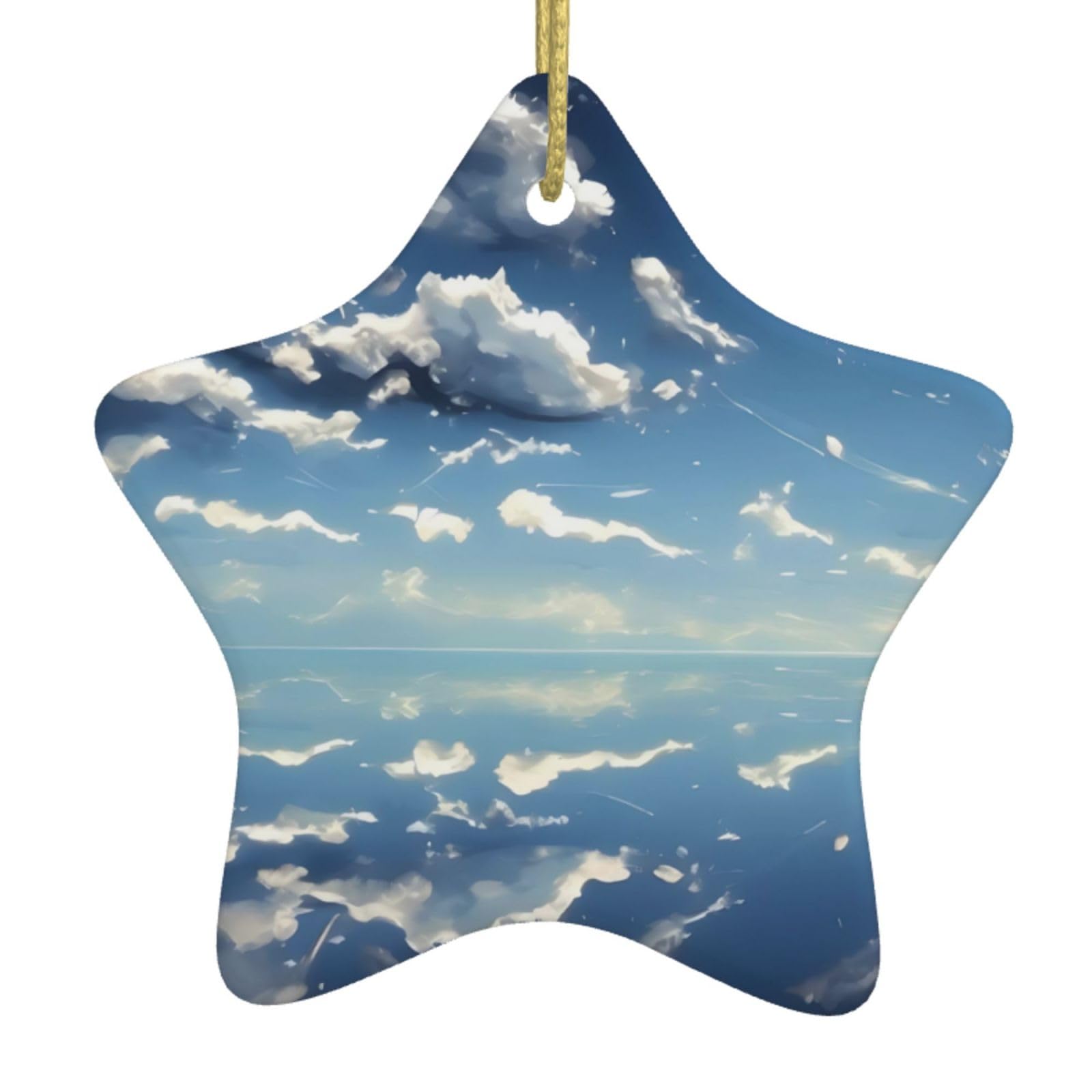 Blue Sky and White Clouds Christmas Ceramic Star Pendant with Punched Holes and Gold Wire Rope, Christmas Tree Home Decoration