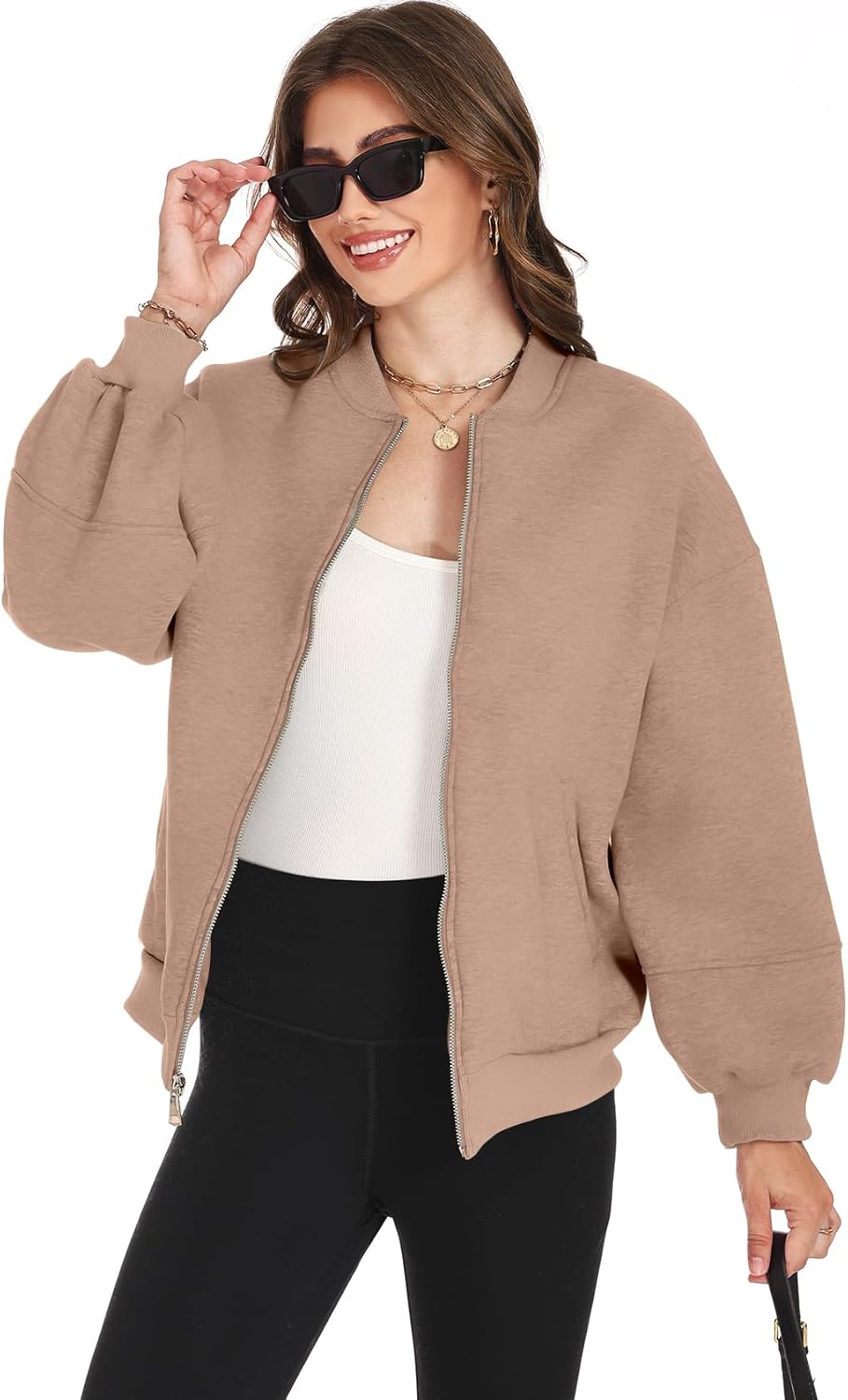 Arssm Womens Oversized Zip Up Sweatshirt Jackets Fleece Lantern Sleeve Casual Fall Bomber Jackets - Image 4