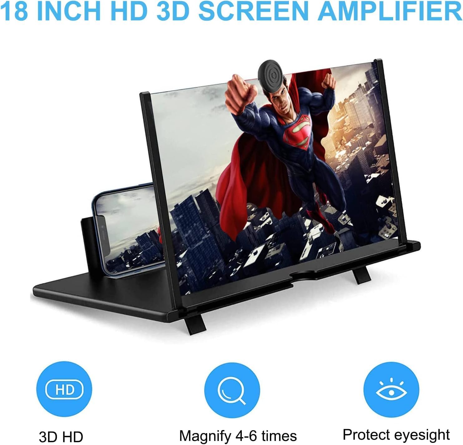 Pantalla de lupa para teléfono de 18 pulgadas, amplificador de teléfono HD con soporte plegable, portátil, para videojuegos, películas 3D, proyector de teléfono, visor universal para