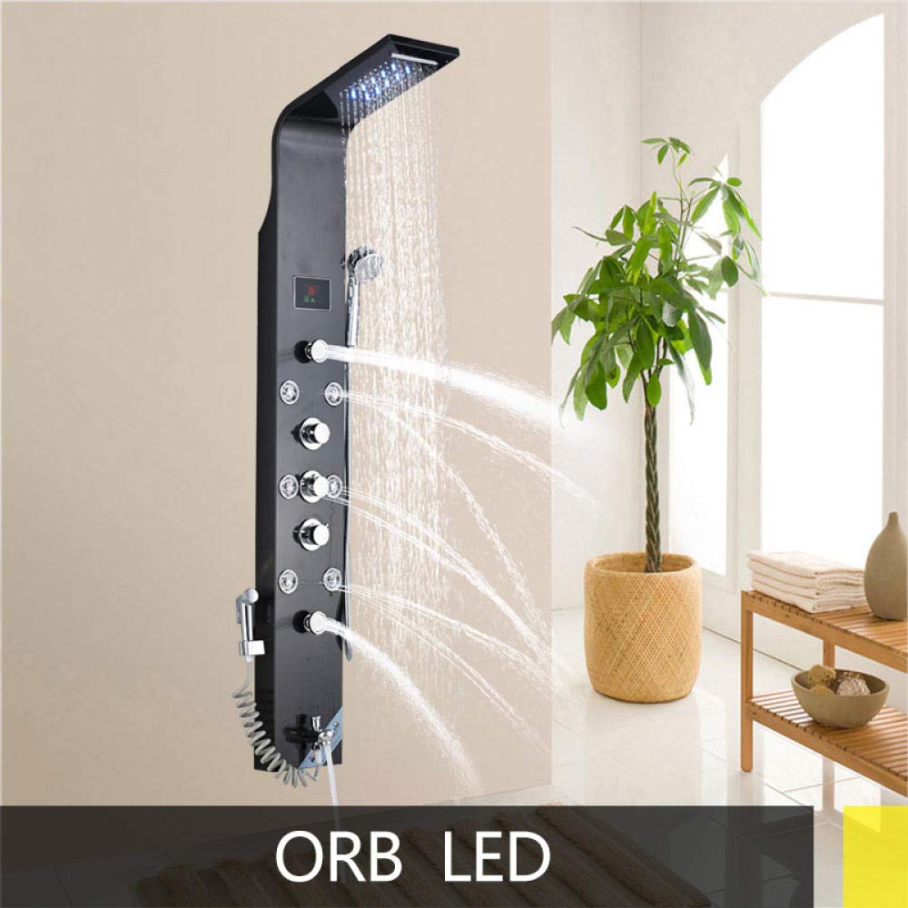 Stal nierdzewna wodospad LED panel prysznicowy z 6 funkcjami, z systemem masażu, wylewka z prysznicem ręcznym, kolumna prysznicowa - szczotkowana 8007-8009