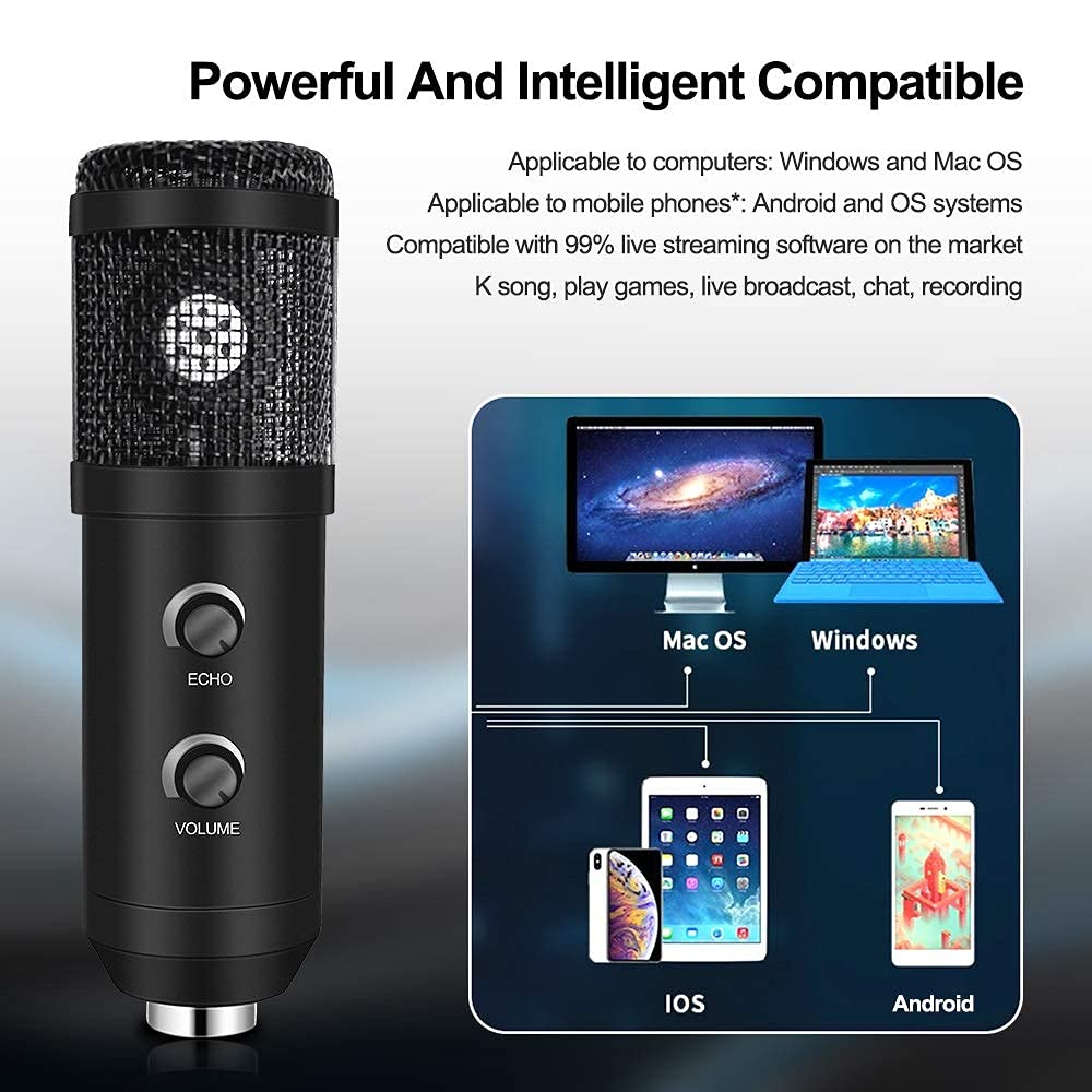 Microfono a condensatore per Computer USB E20 con Kit Studio con Luce ad Anello e Supporto per Braccio per Registrazione Video di Gioco