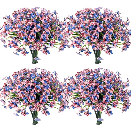 Geegoods Artificial Mums Flowers for Outdoors 16 Bundles UV Resistant Fake Plastic Mix Flowers for Patio Porch Spring Summer Decor Red Blue White