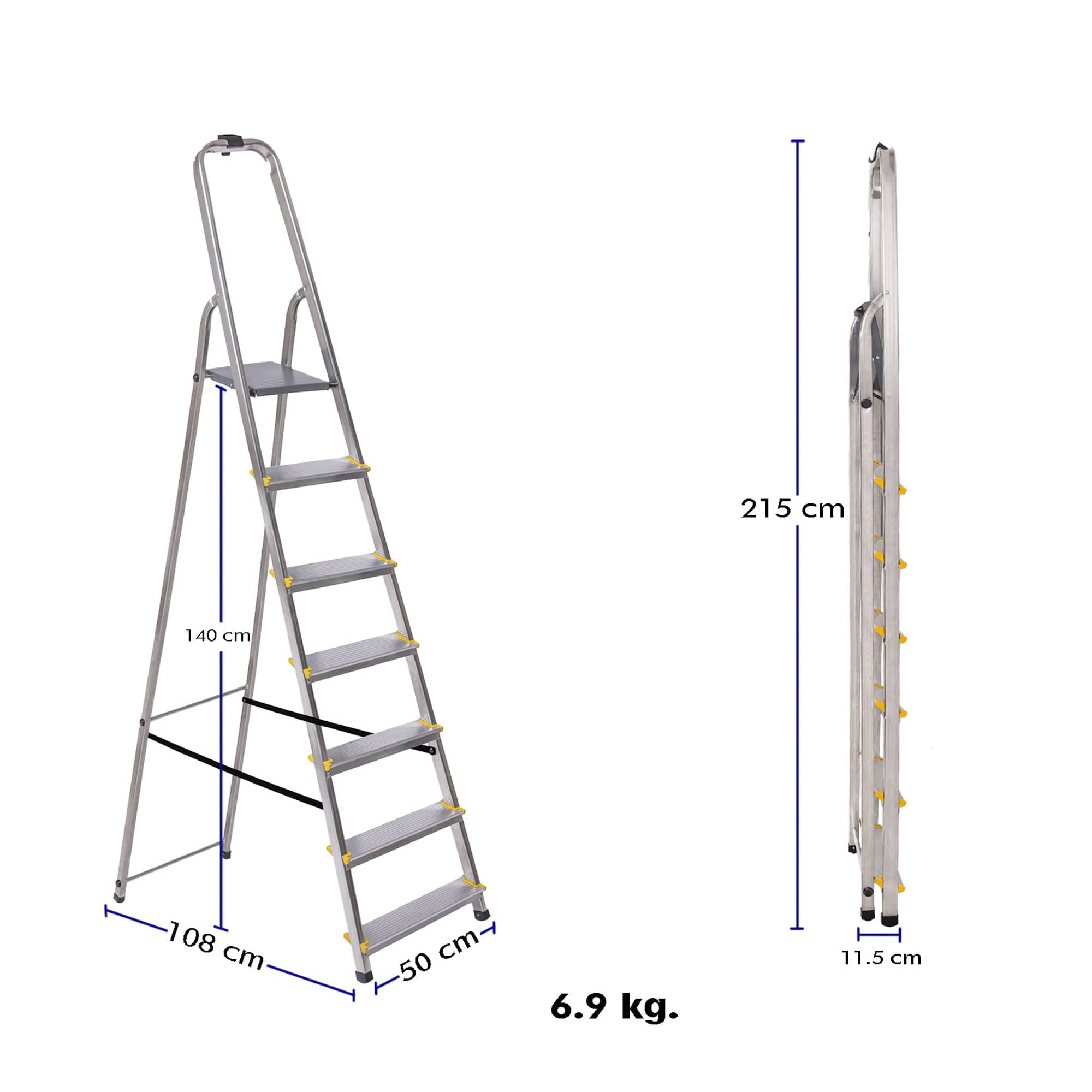7-stopniowa drabina DURA składana, lekki aluminiowy podnóżek, wysokość platformy 140 cm, antypoślizgowe nóżki, obciążenie 150 kg, 5 lat Hoström